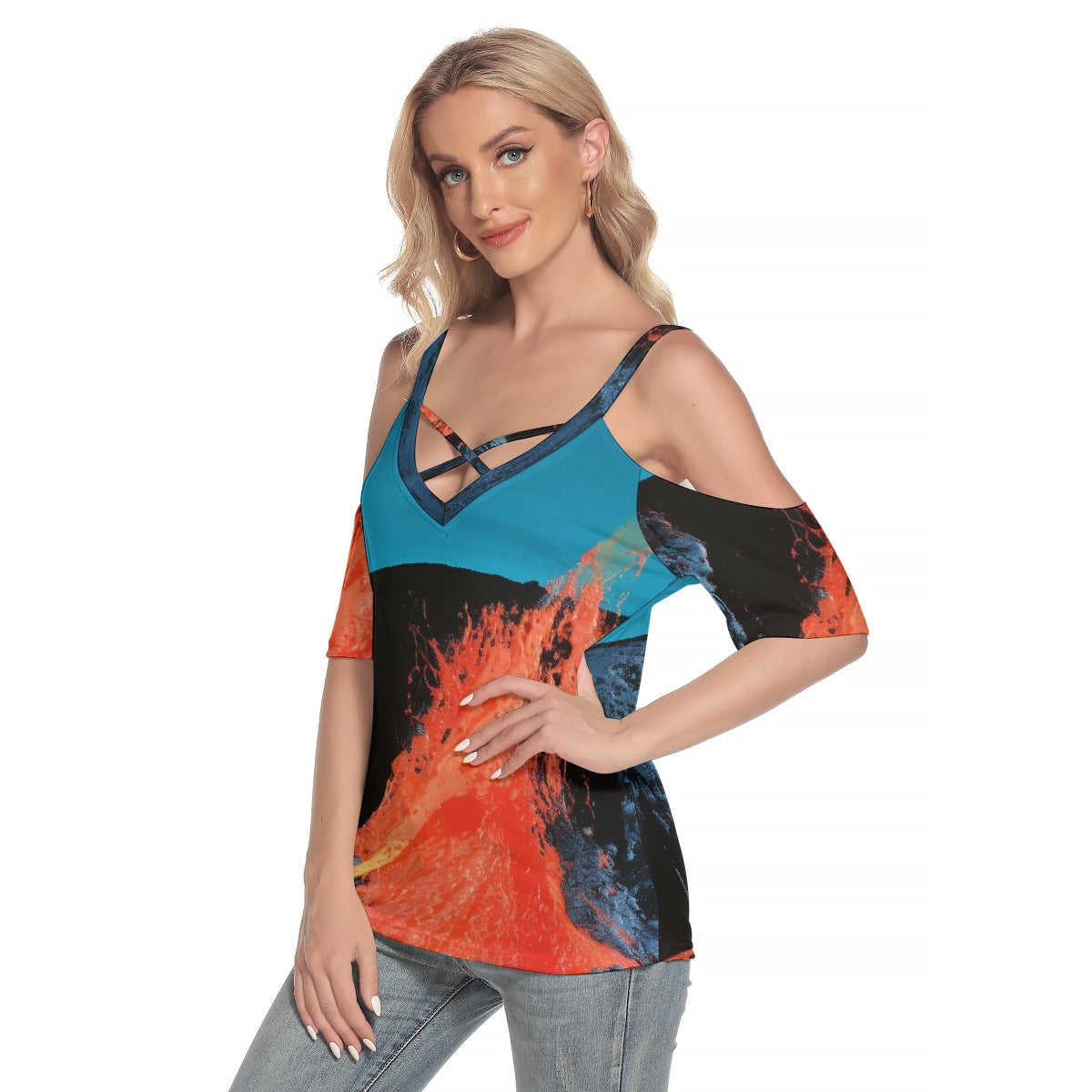 All-Over Print Women's Cold Shoulder T-shirt With Criss Cross Strips