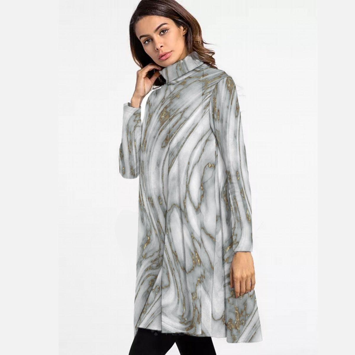 All-Over Print Women's High Neck Dress With Long Sleeve