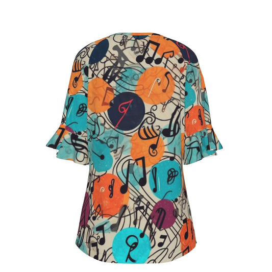 All-Over Print V-neck Women's T-shirt With Bell Sleeve