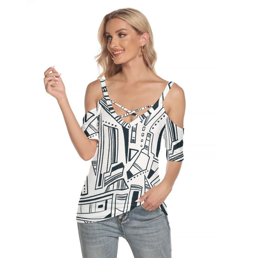 All-Over Print Women's Cold Shoulder T-shirt With Criss Cross Strips