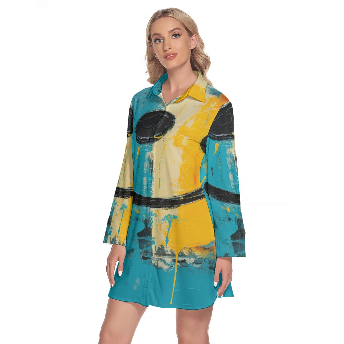 All-Over Print Women's Lapel Shirt Dress With Long Sleeve