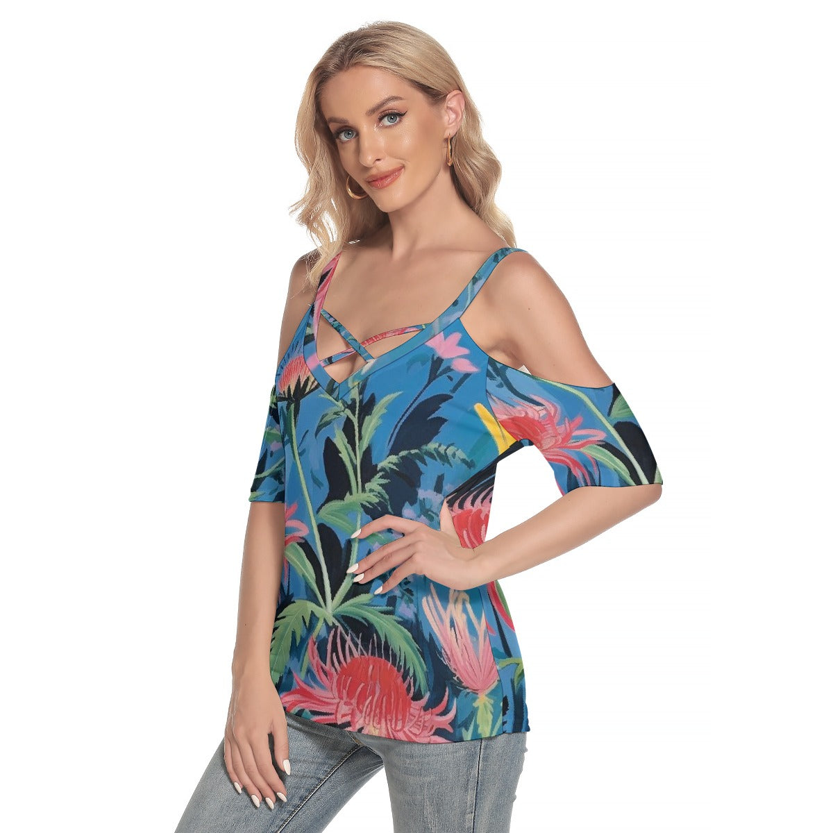 All-Over Print Women's Cold Shoulder T-shirt With Criss Cross Strips