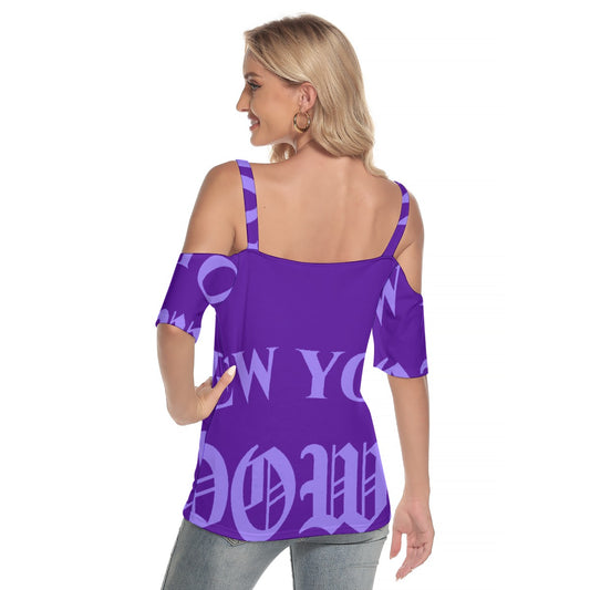 All-Over Print Women's Cold Shoulder T-shirt With Criss Cross Strips