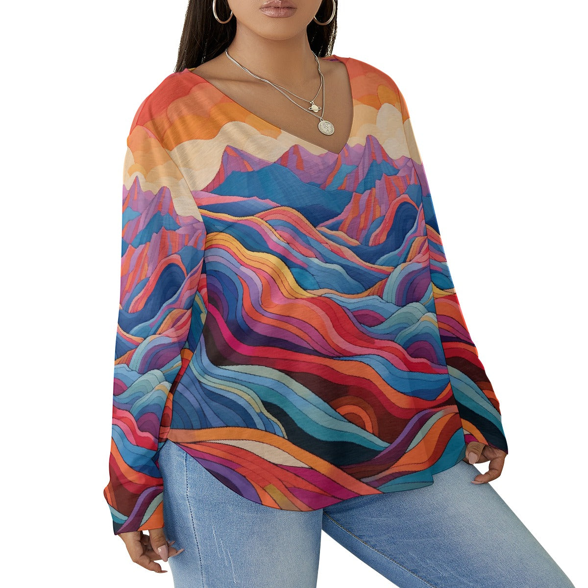 All-Over Print Women's V-neck T-shirt With Curved Hem(Plus Size)