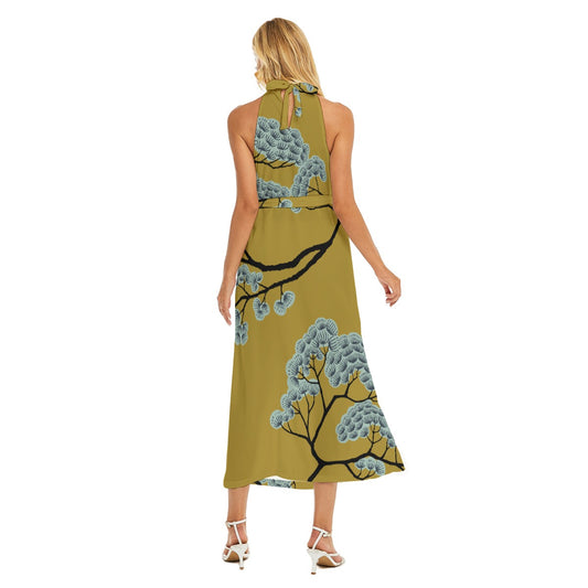 All-Over Print Women's Wrap Hem Belted Halter Dress