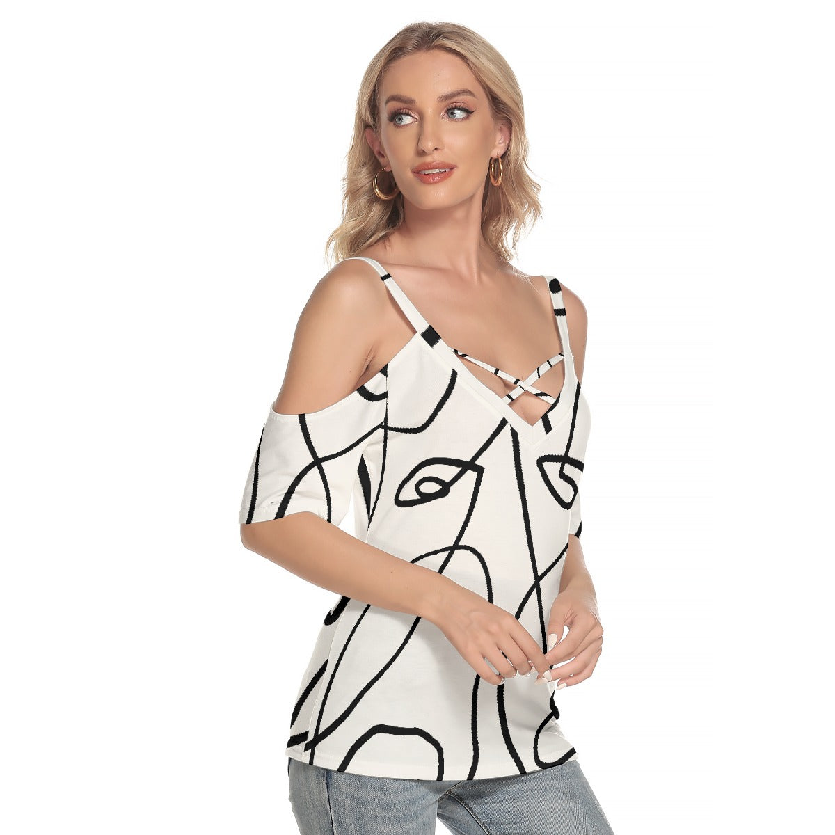 All-Over Print Women's Cold Shoulder T-shirt With Criss Cross Strips