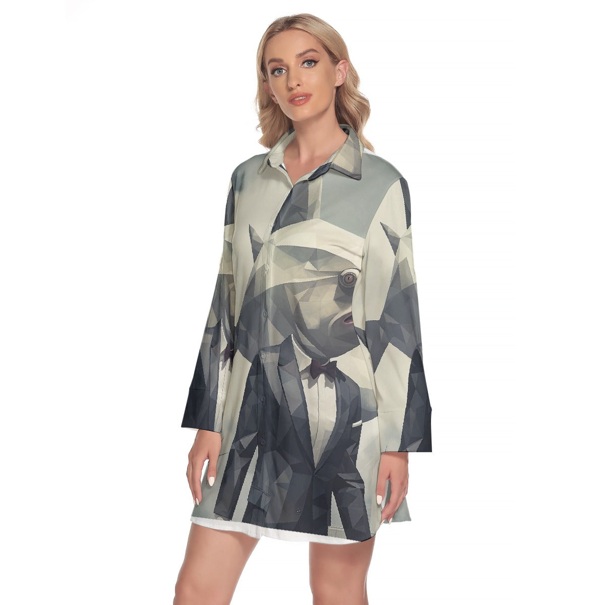 All-Over Print Women's Lapel Shirt Dress With Long Sleeve