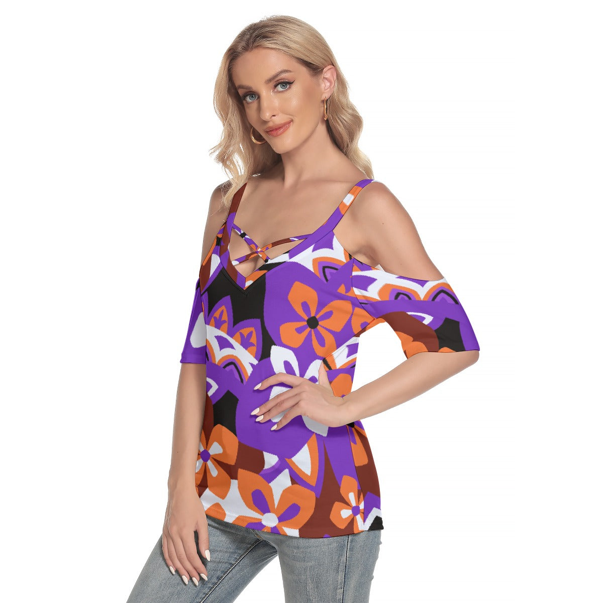 All-Over Print Women's Cold Shoulder T-shirt With Criss Cross Strips