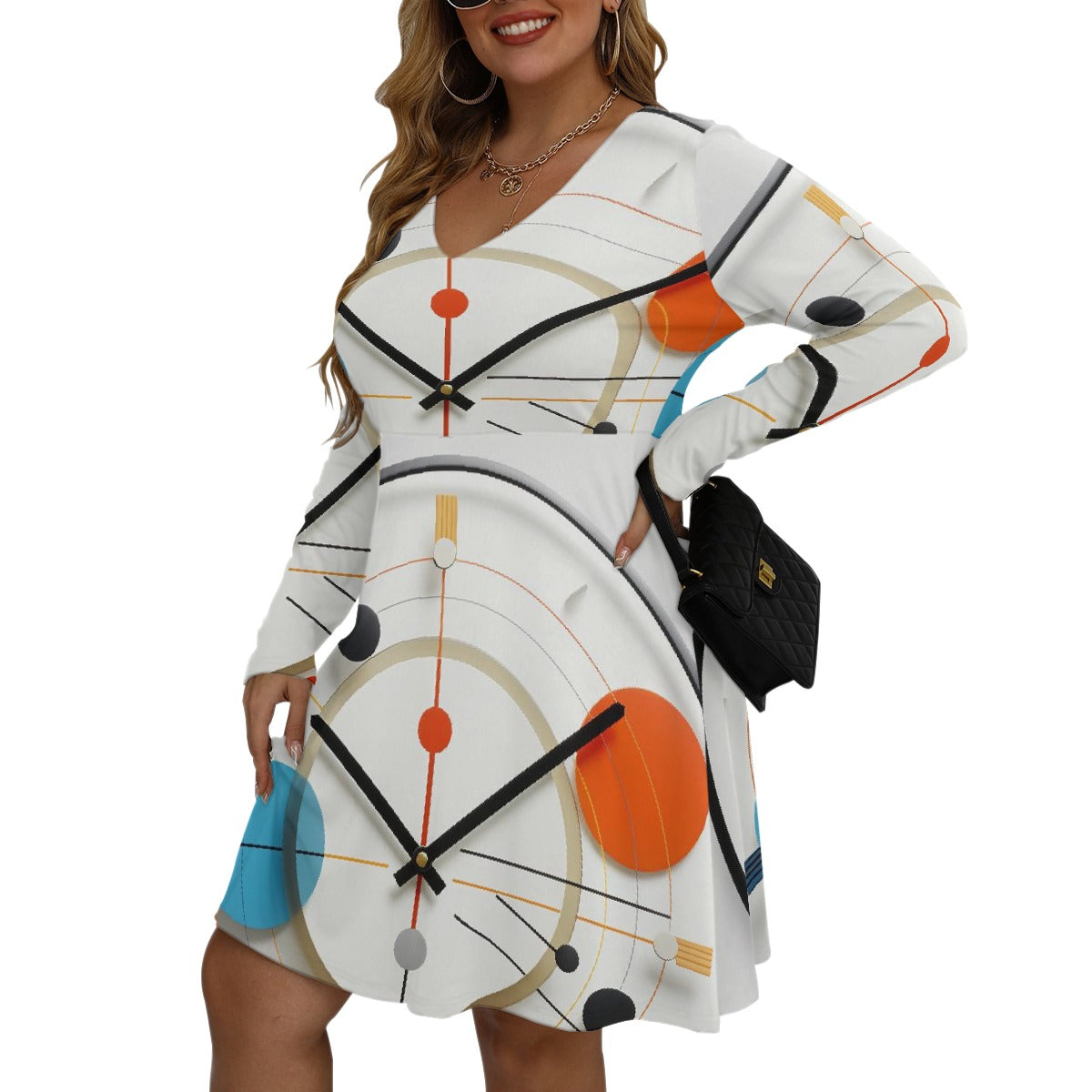 All-Over Print Women's V-neck Long Sleeve Dress(Plus Size)