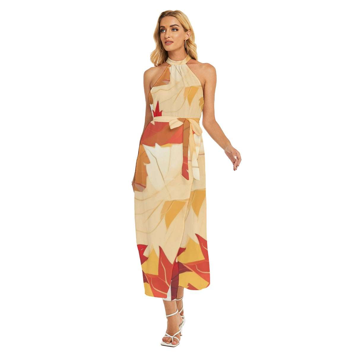 All-Over Print Women's Wrap Hem Belted Halter Dress