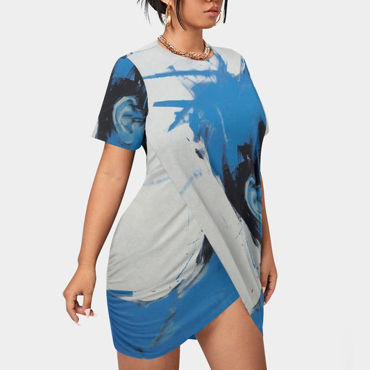 All-Over Print Women’s Stacked Hem Dress With Short Sleeve（Plus Size）