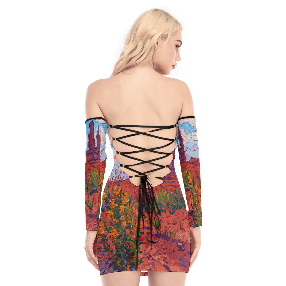 All-Over Print Women's Off-shoulder Back Lace-up Dress