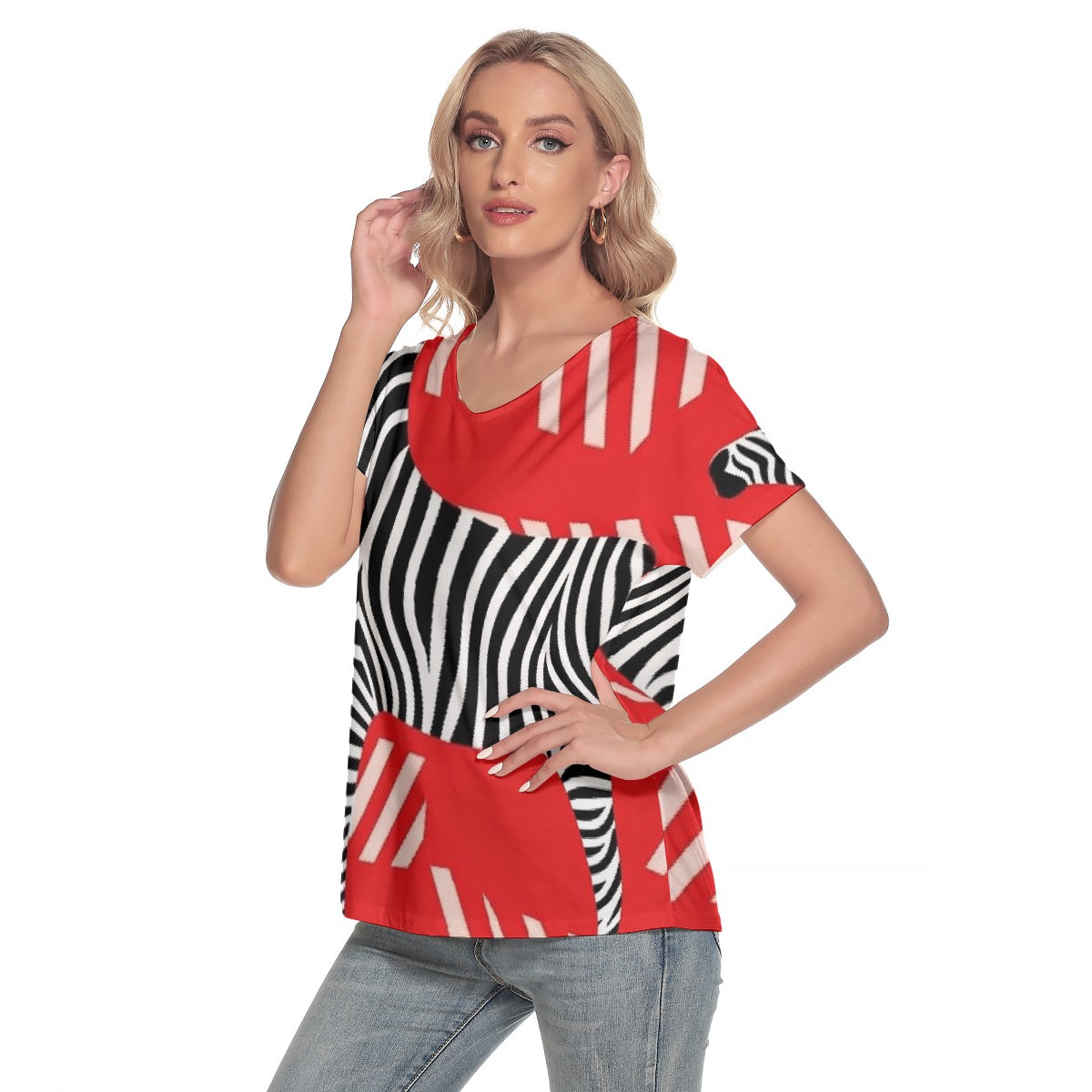 All-Over Print Women's Loose V-neck Short Sleeve T-shirt