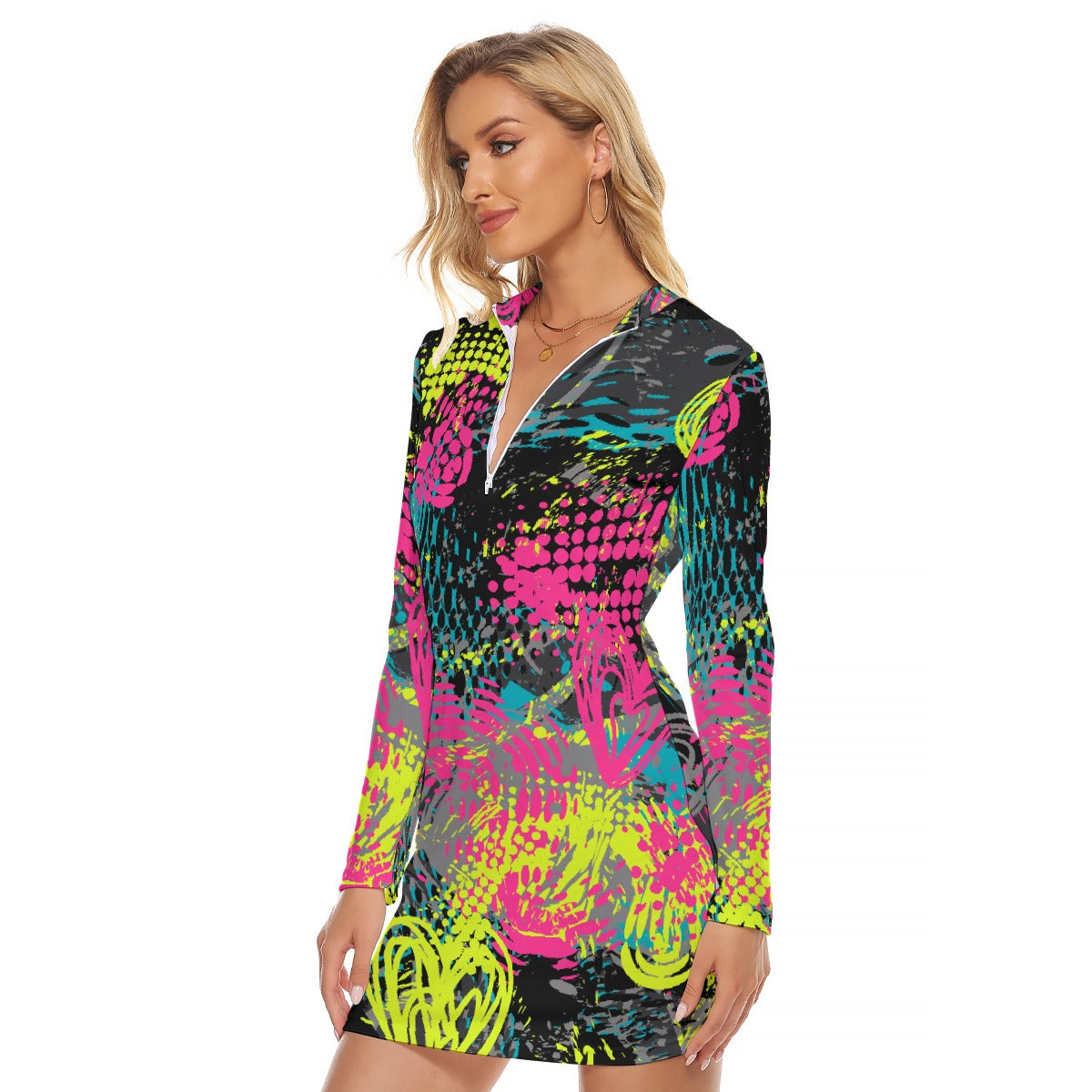 All-Over Print Women's Zip Front Tight Dress