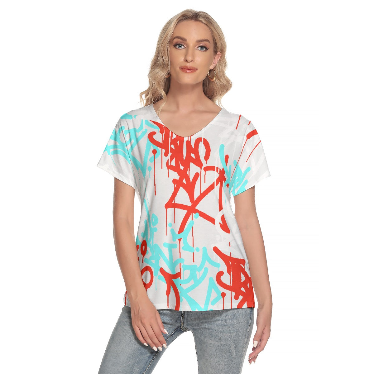 All-Over Print Women's Loose V-neck Short Sleeve T-shirt