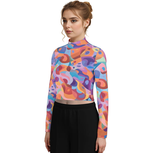 Eco-Friendly All-Over Print Women's Turtleneck T-shirt With Long Sleeve