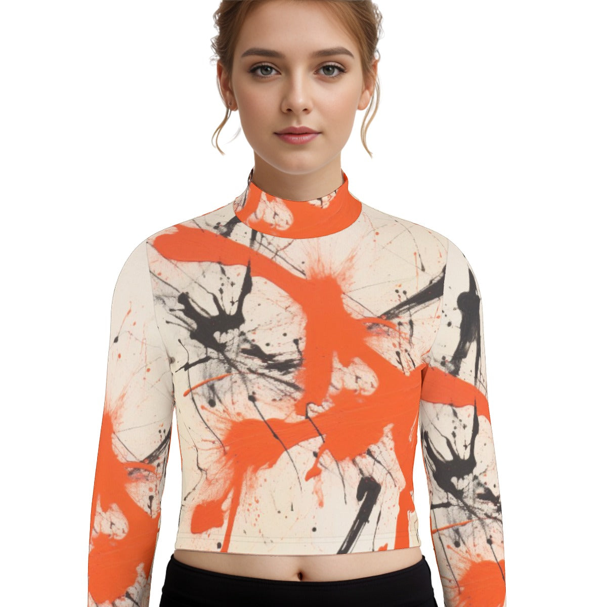 Eco-Friendly All-Over Print Women's Turtleneck T-shirt With Long Sleeve