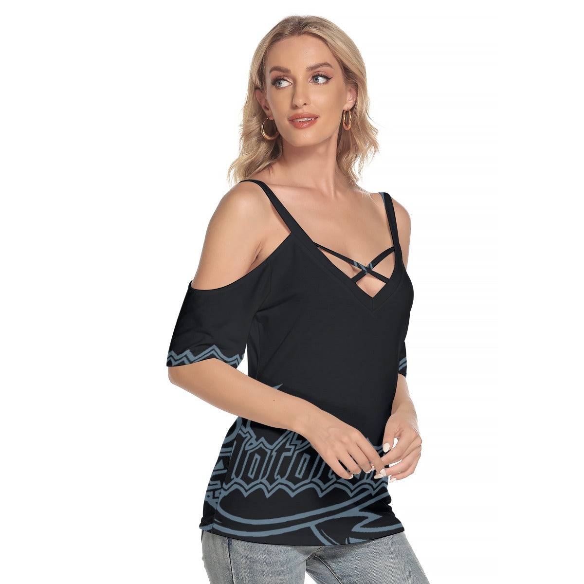 All-Over Print Women's Cold Shoulder T-shirt With Criss Cross Strips