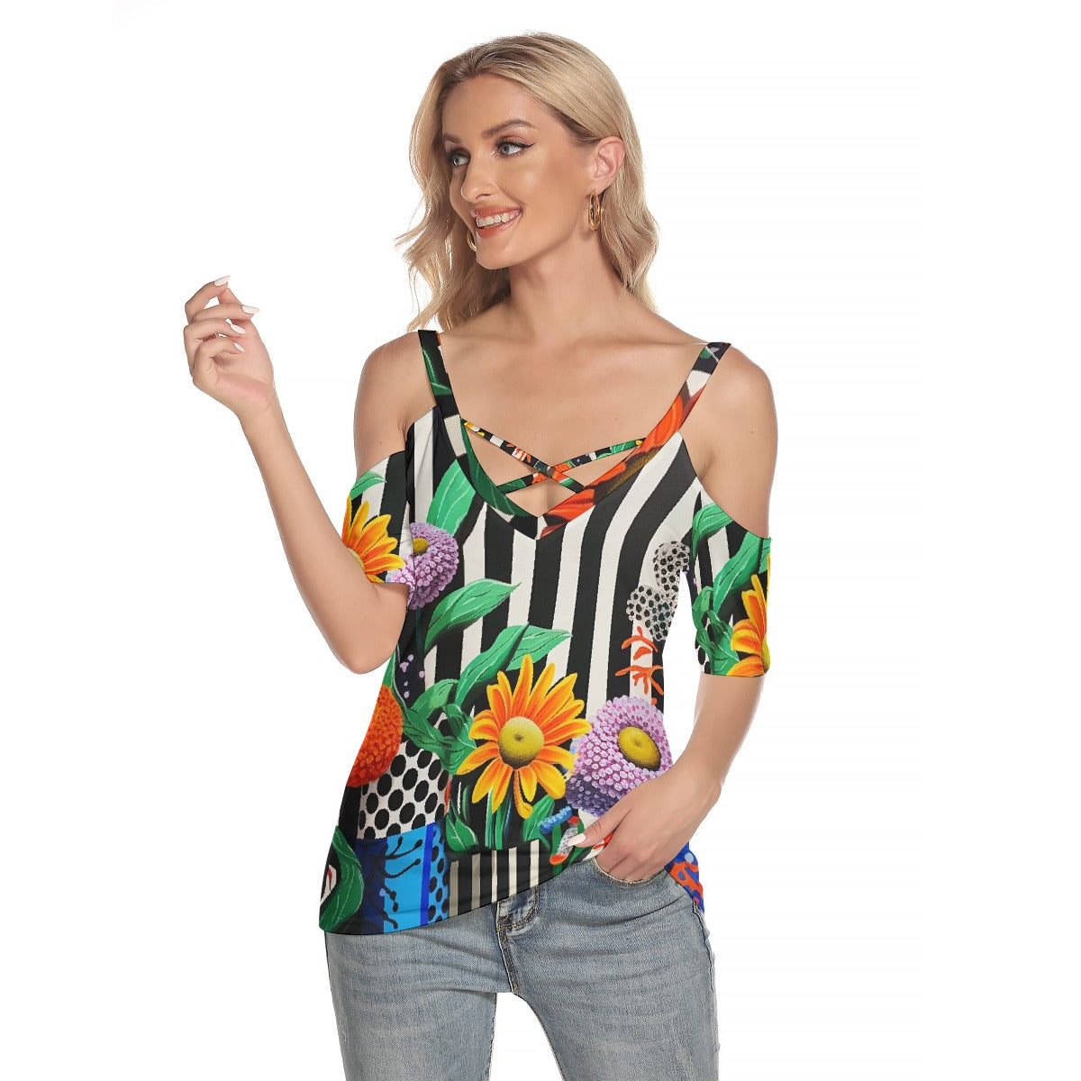 All-Over Print Women's Cold Shoulder T-shirt With Criss Cross Strips