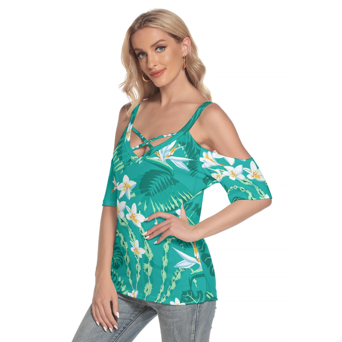 All-Over Print Women's Cold Shoulder T-shirt With Criss Cross Strips