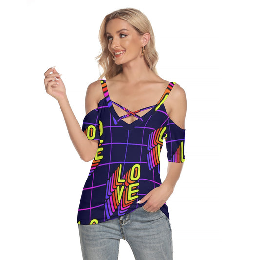 All-Over Print Women's Cold Shoulder T-shirt With Criss Cross Strips