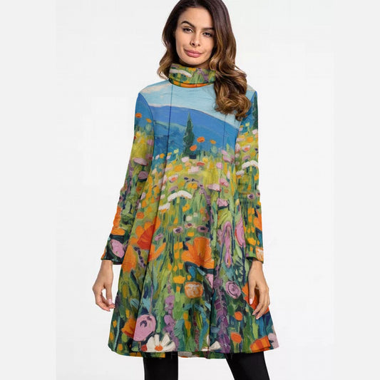 All-Over Print Women's High Neck Dress With Long Sleeve