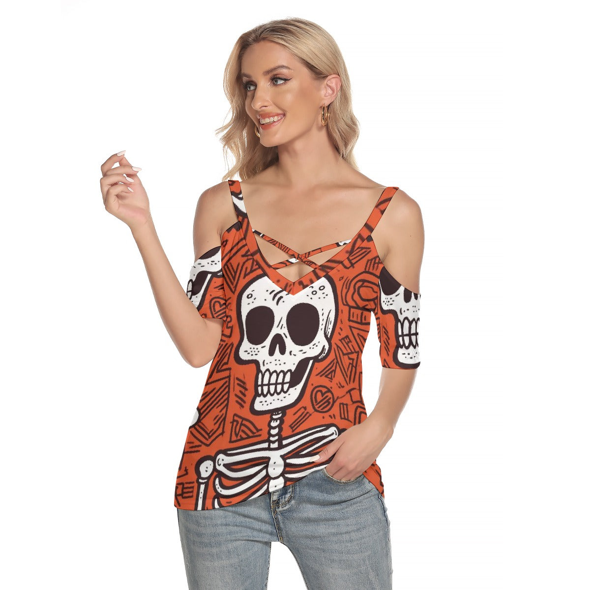 All-Over Print Women's Cold Shoulder T-shirt With Criss Cross Strips