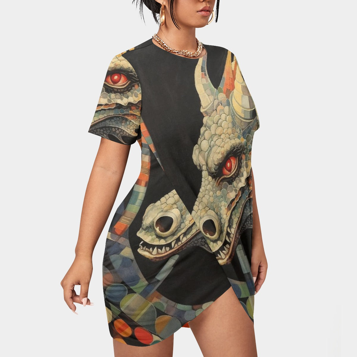 All-Over Print Women’s Stacked Hem Dress With Short Sleeve（Plus Size）