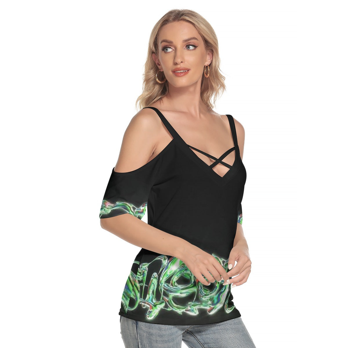 All-Over Print Women's Cold Shoulder T-shirt With Criss Cross Strips