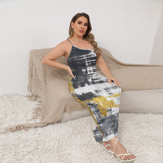 All-Over Print Women's Oblique-Shoulder Exposure Dress With Side Split (Plus Size)