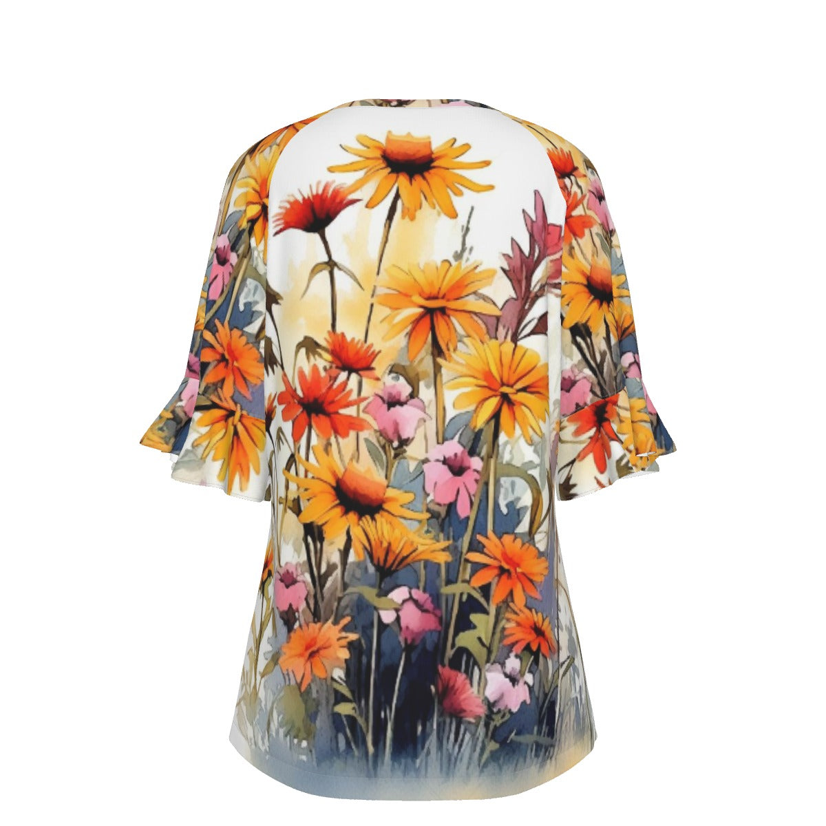 All-Over Print V-neck Women's T-shirt With Bell Sleeve