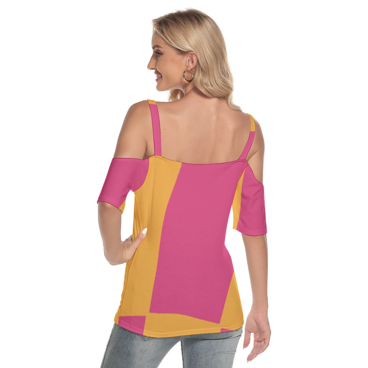 All-Over Print Women's Cold Shoulder T-shirt With Criss Cross Strips