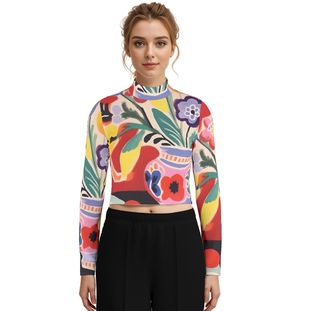 Eco-Friendly All-Over Print Women's Turtleneck T-shirt With Long Sleeve