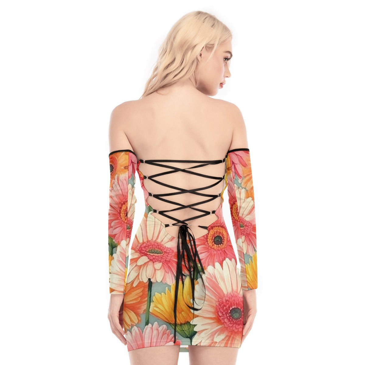 All-Over Print Women's Off-shoulder Back Lace-up Dress