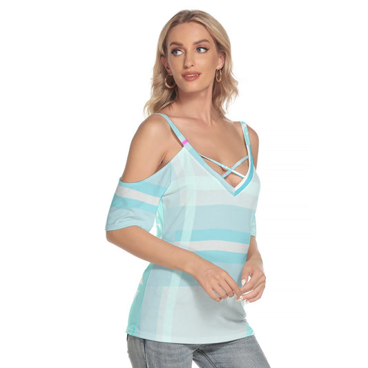 All-Over Print Women's Cold Shoulder T-shirt With Criss Cross Strips