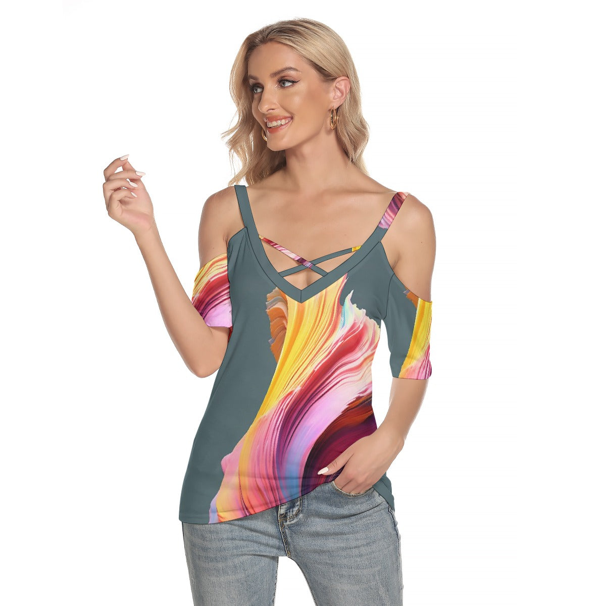 All-Over Print Women's Cold Shoulder T-shirt With Criss Cross Strips