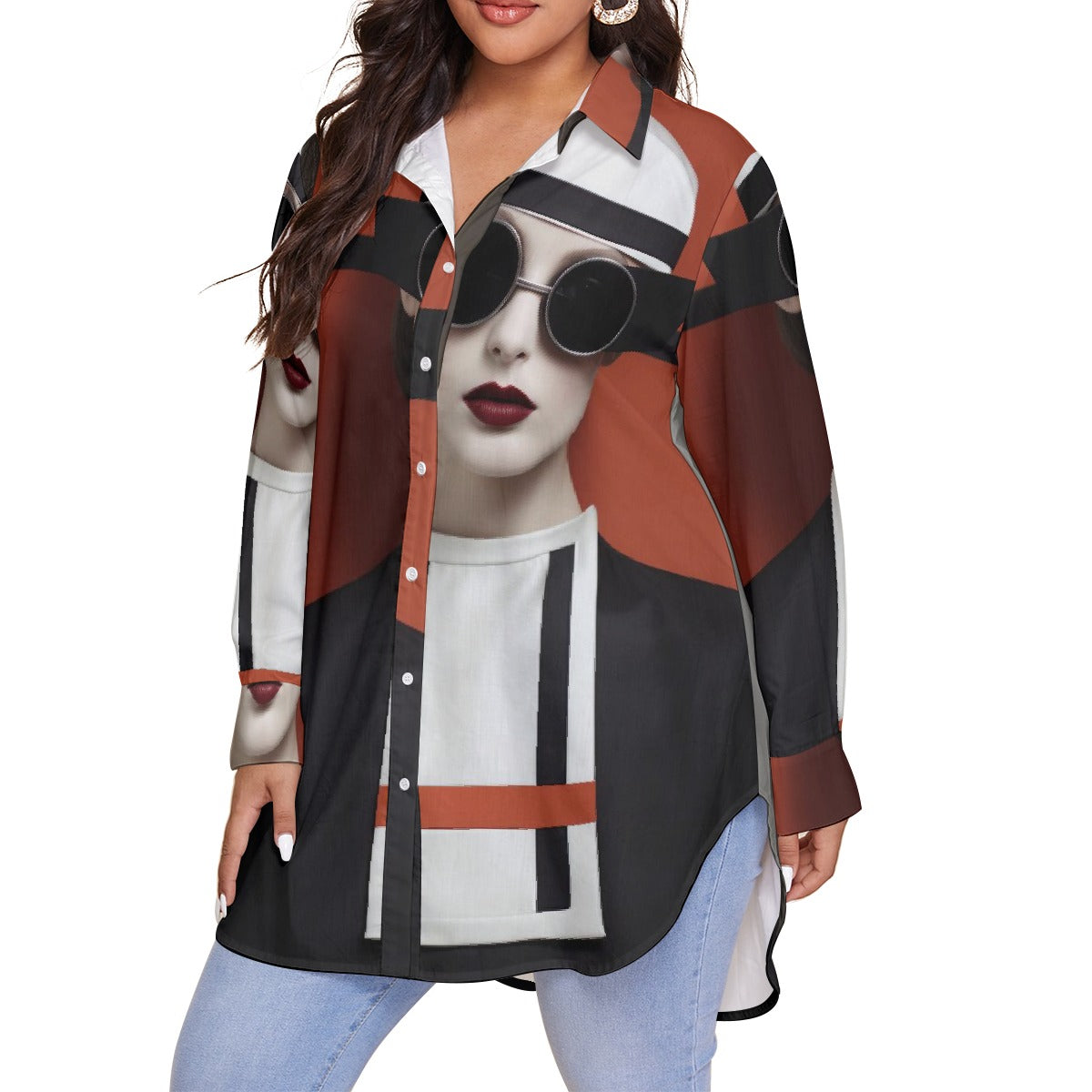 All-Over Print Women's Shirt With Long Sleeve(Plus Size)