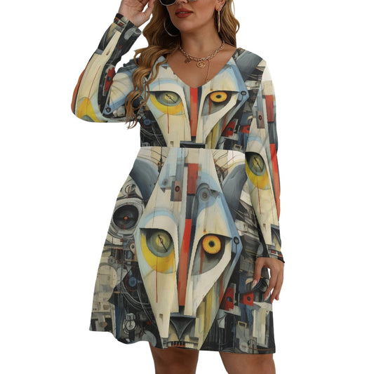 All-Over Print Women's V-neck Long Sleeve Dress(Plus Size)