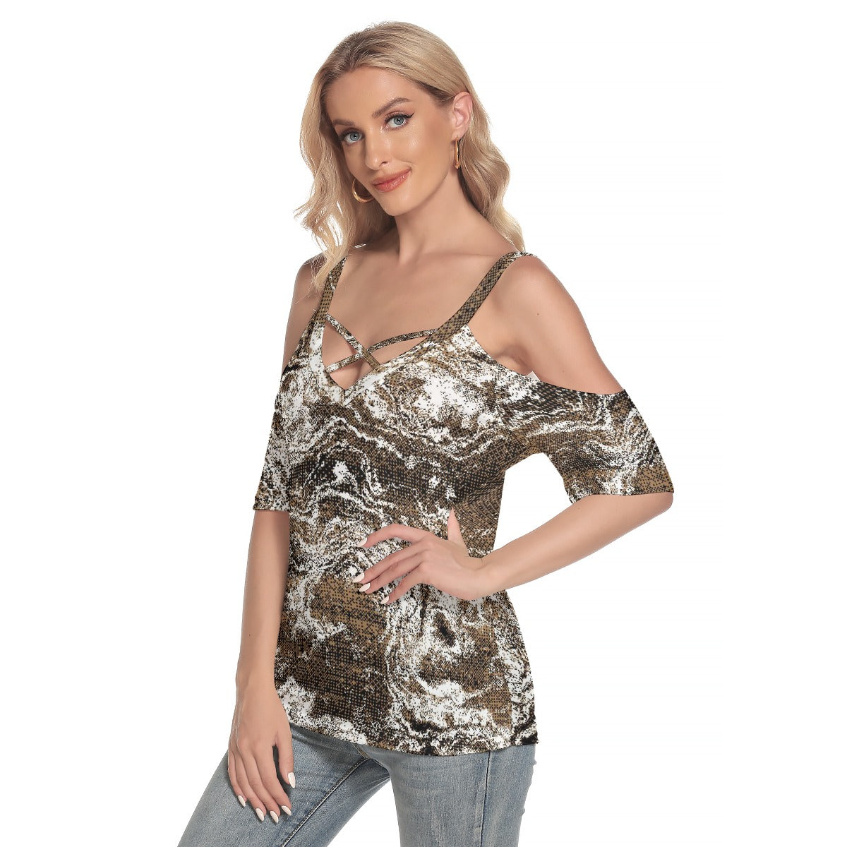 All-Over Print Women's Cold Shoulder T-shirt With Criss Cross Strips