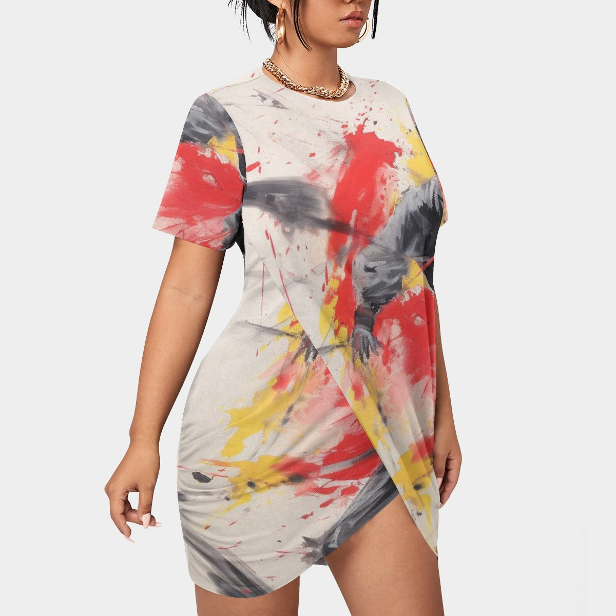 All-Over Print Women’s Stacked Hem Dress With Short Sleeve（Plus Size）