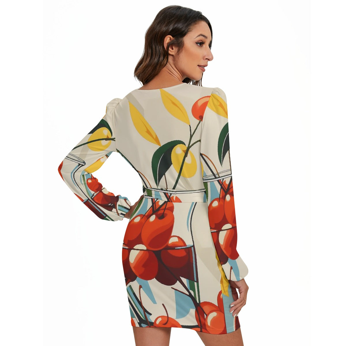 All-Over Print Women's Long Sleeve Dress With Waist Belt