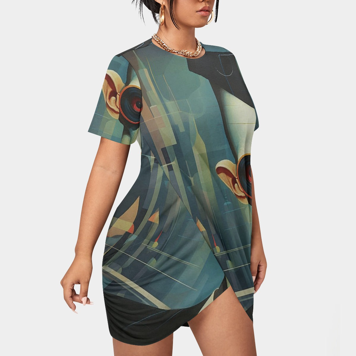 All-Over Print Women’s Stacked Hem Dress With Short Sleeve（Plus Size）