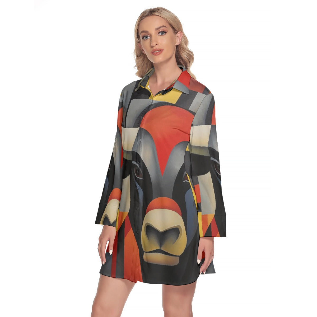 All-Over Print Women's Lapel Shirt Dress With Long Sleeve