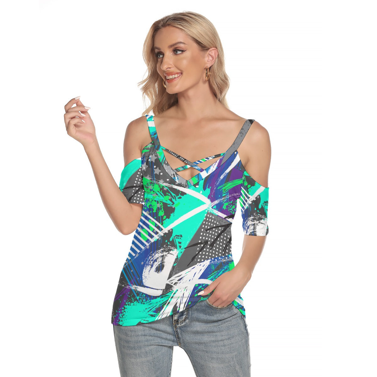 All-Over Print Women's Cold Shoulder T-shirt With Criss Cross Strips