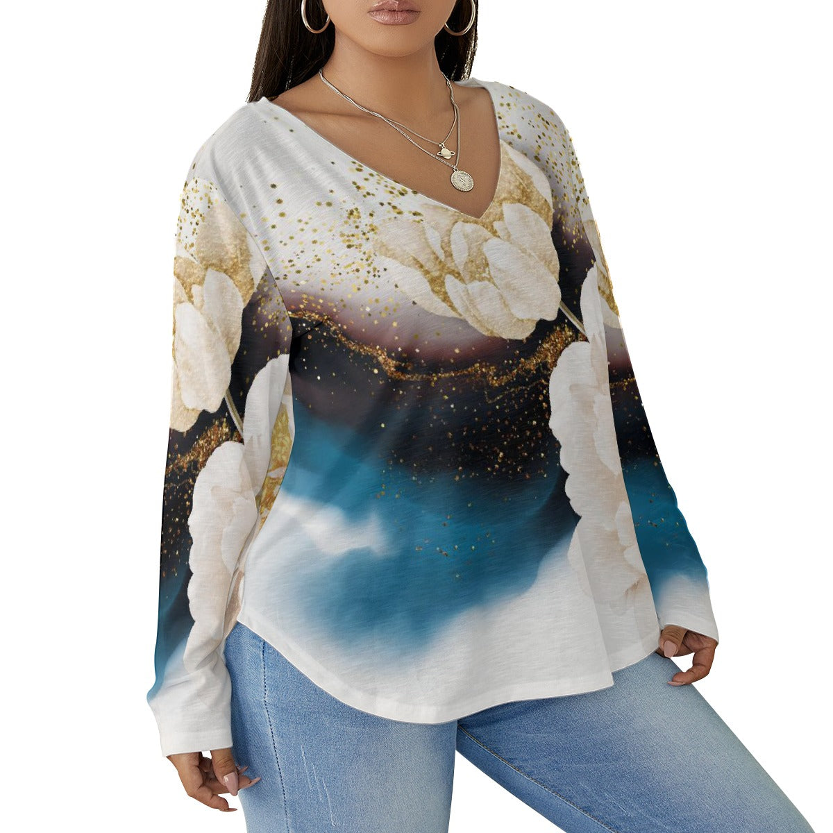 All-Over Print Women's V-neck T-shirt With Curved Hem(Plus Size)