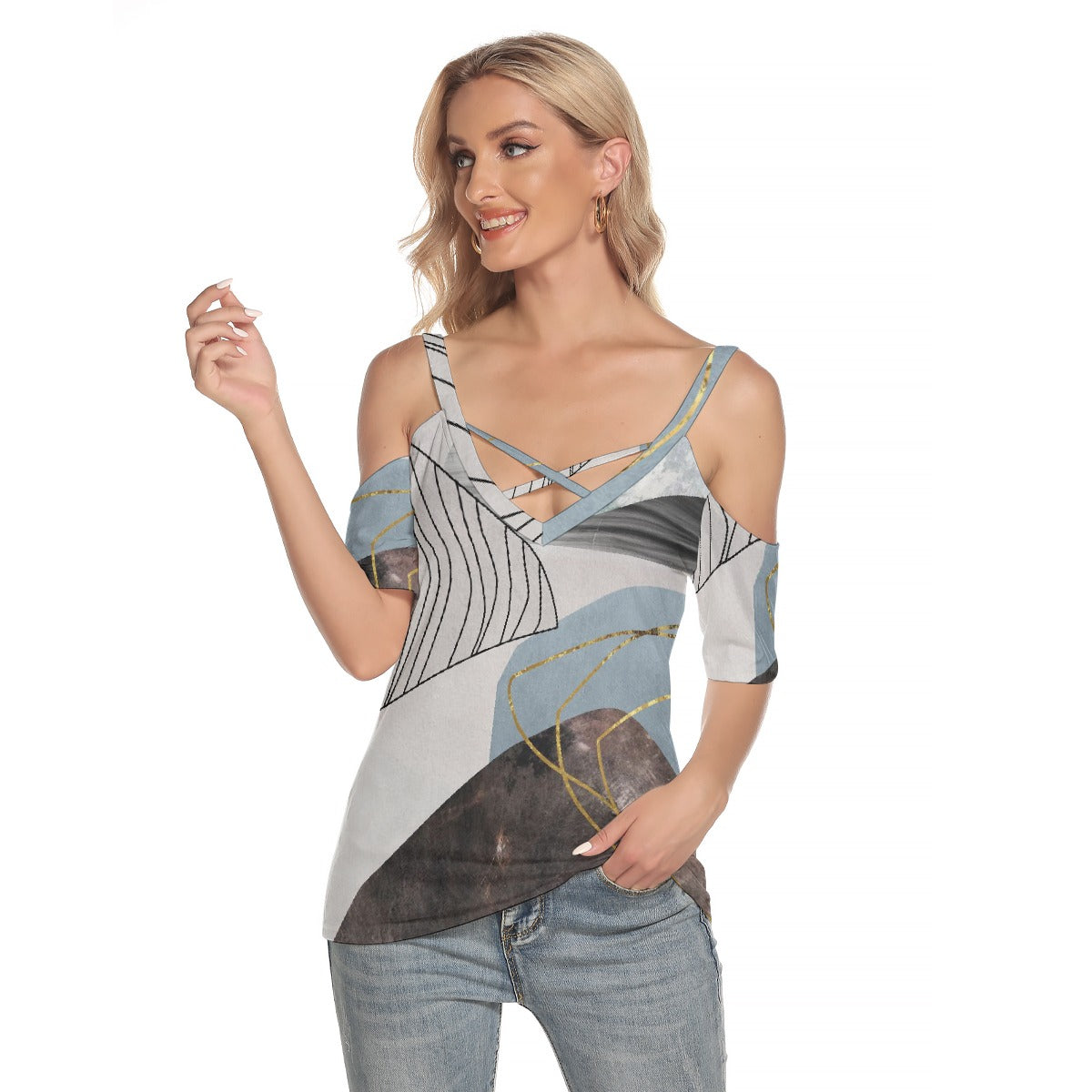 All-Over Print Women's Cold Shoulder T-shirt With Criss Cross Strips