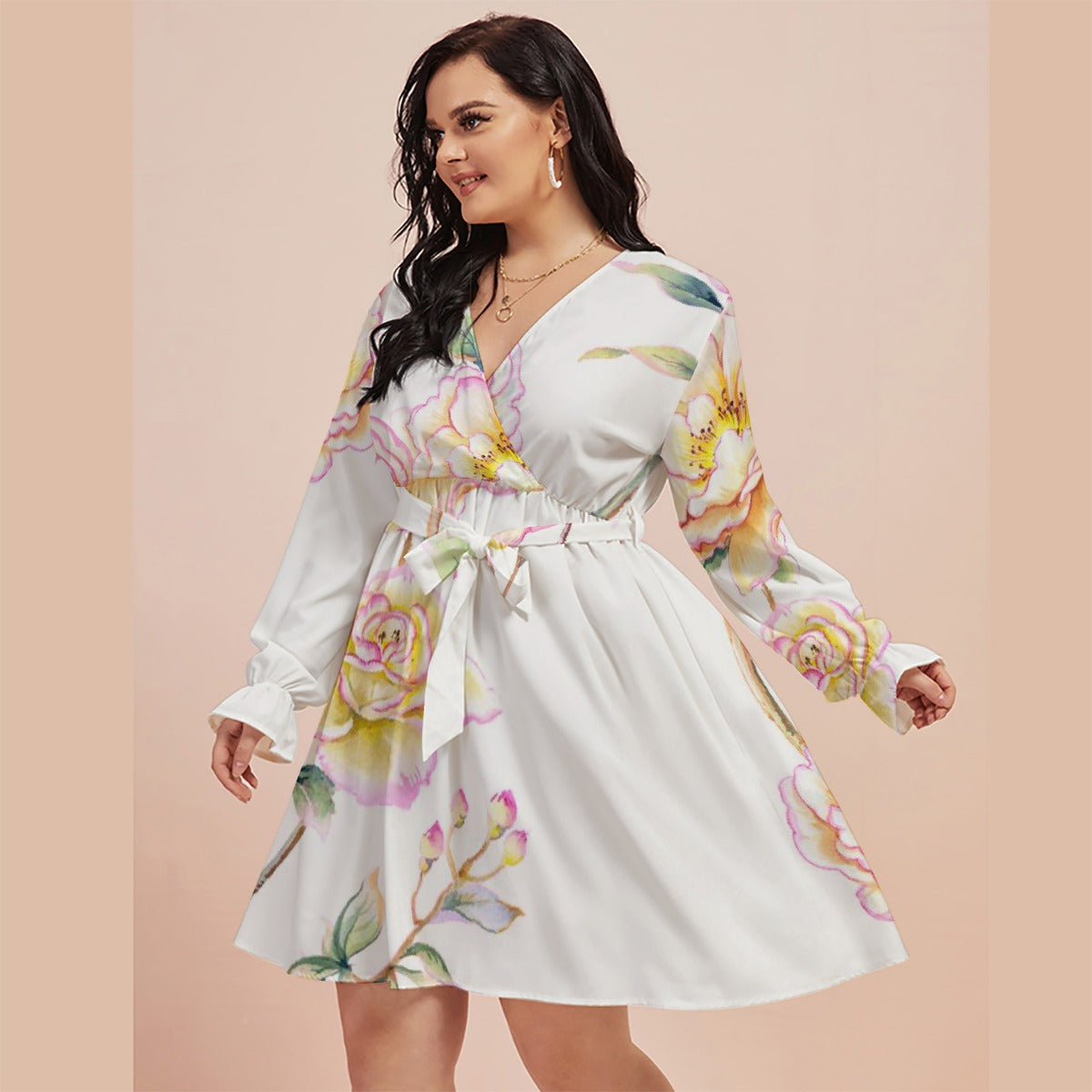 All-Over Print Women's V-neck Dress With Waistband(Plus Size)