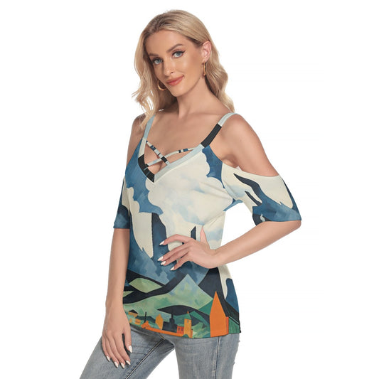 All-Over Print Women's Cold Shoulder T-shirt With Criss Cross Strips