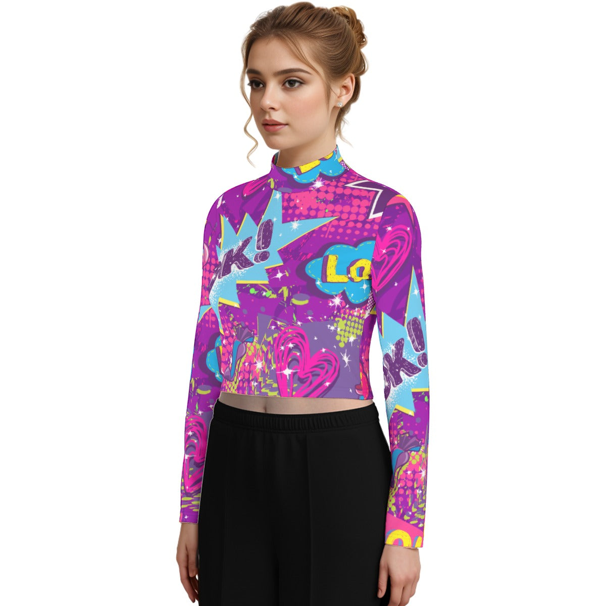 Eco-Friendly All-Over Print Women's Turtleneck T-shirt With Long Sleeve