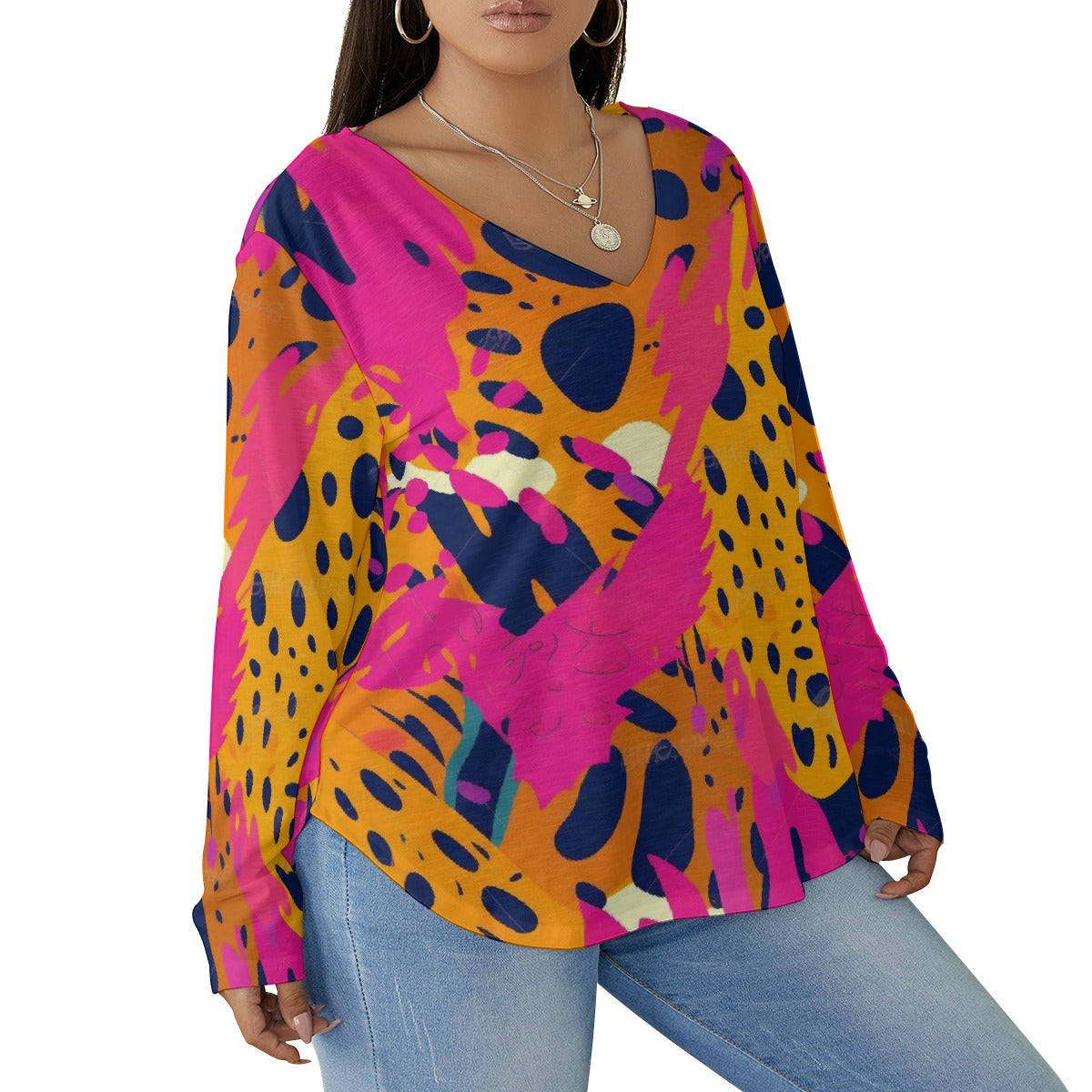 All-Over Print Women's V-neck T-shirt With Curved Hem(Plus Size)